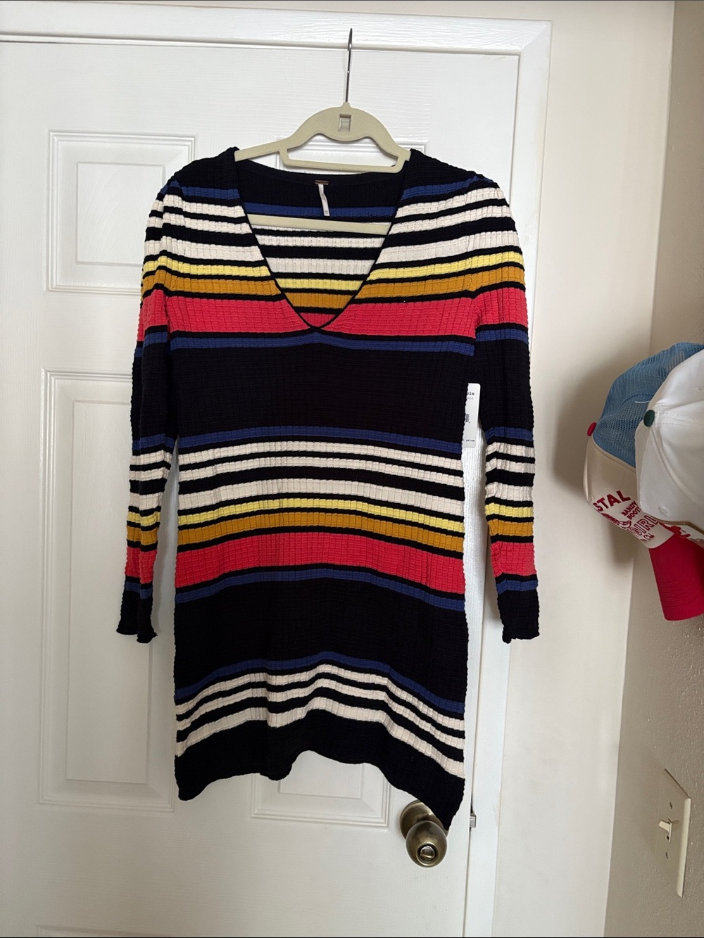 Free People Black V-Neck Ribbed Long Sleeve Dress with Multicolor Stripes